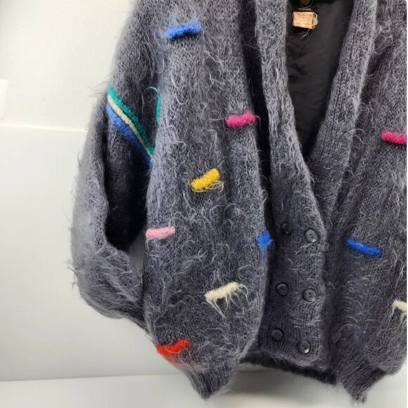 Grandma Core Sweater, Mohair Cardigan Made in Ireland 3 D Lined Pockets Charcoal - Picture 9 of 10